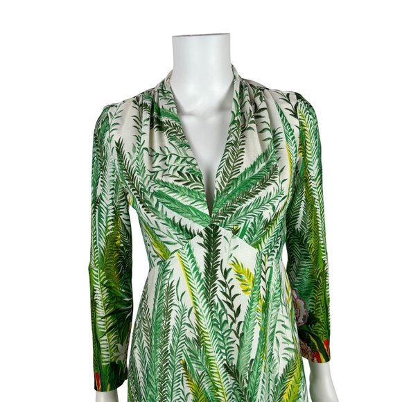 Vintage 70s Tropical Dress Womens XS Deep V Green Botanical Maxi Empire Bust - Picture 3 of 13